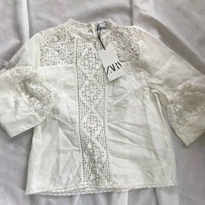 Zara White Lace Peasant Top Size Small